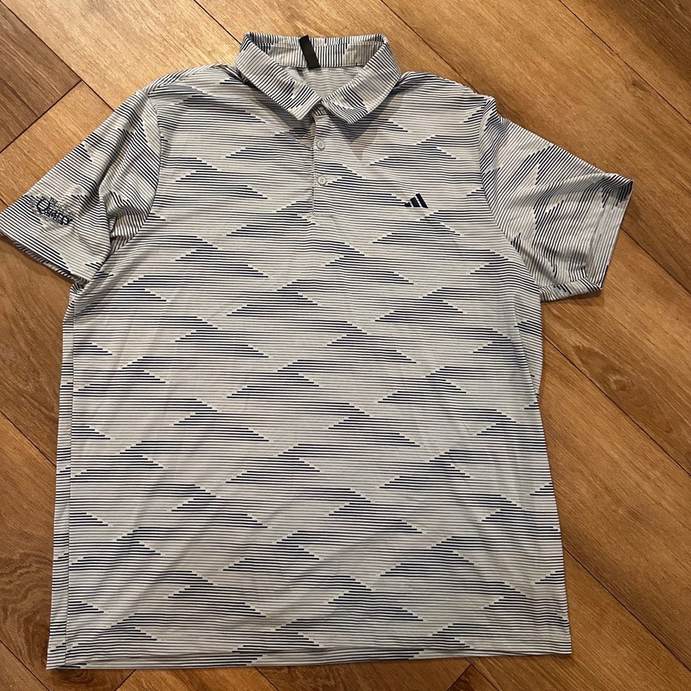 Adidas Mens 2XL Golf Polo Shirt Navy White Geometric Stripe The Quarry Golf Club